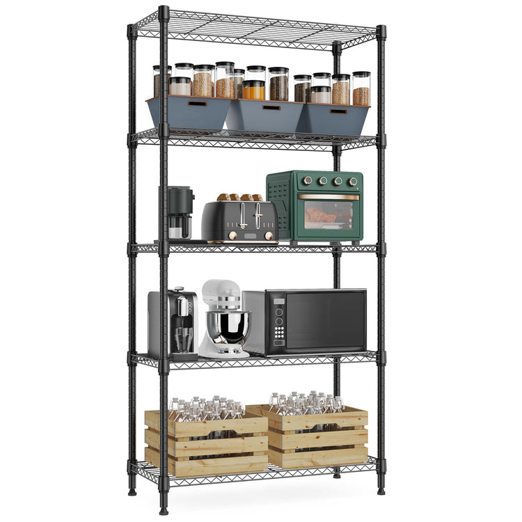 1250 lbs 5 Tier Shelf Metal Storage Shelves Wire Rack Closet Organizers with Wheel for Garage Kitchen Bathroom Laundry Black 13.7" D x 23.6" W x 62.4" H (5 Count)