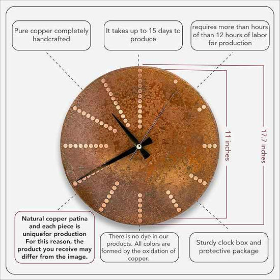 Handmade Pure Copper Wall Clock for Home Decoration, Decor Clock for Living Room, Bedroom and Kitchen, Rustic Decorative Mural Clock Art for Farmhouse (Time Dots, 17.7)
