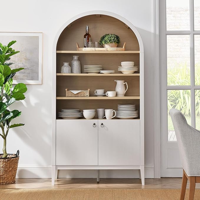 Modway Nolan Tall Arched Storage Display Cabinet in Ivory - 74 Inch Arch Bookshelf with Open and Closed Shelving - Modern Accent Cabinet for Living Room, Dining Room