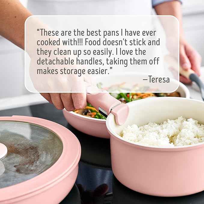 GreenLife 10 Piece Nonstick Pots & Pans Set, Detachable Handle & Stackable Cookware Set, Non Toxic PFAS-Free Skillets, Induction Kitchen Pans, Space Saving, Serving Bowls, Oven Safe, Light Pink