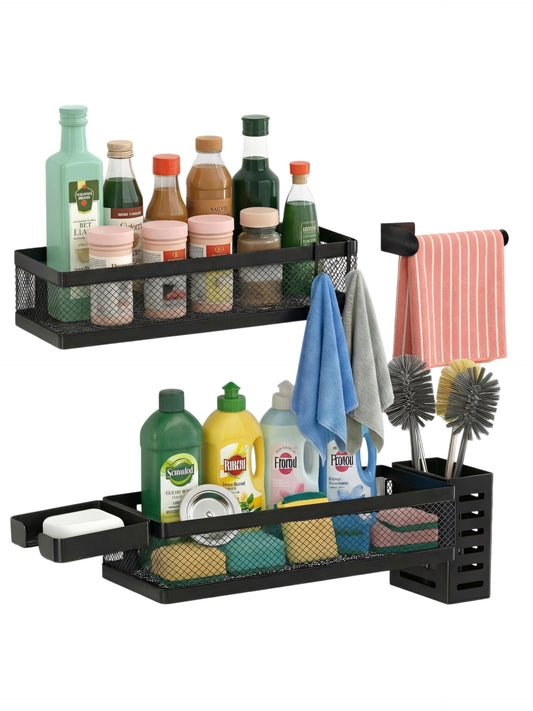 5-in-1 Wide Wall Mount Wrapped Mesh Kitchen Organizer & Shower Caddy Kit, with Paper Towel Holder, Utensil Holder, Soap Dish, Heavy Duty 50LBS - Matte Black, Netting