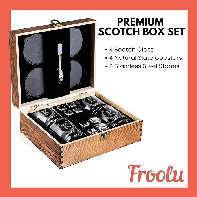 Froolu Customized Whiskey Gifts for Men - Personalized Scotch Glass Gift Set with Box - Engraved Wisky Rocks Glasses for Boyfriend, Husband, Dad - Valentine's, Birthday, Anniversary, Christmas.