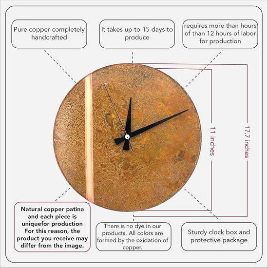 Handmade Copper Wall Clock Artisan Touch in Every Piece - Tree of Time Wall Decor Copper Clock for Living Room, Office, Kitchen & Bedroom (Rusty Line, 11)