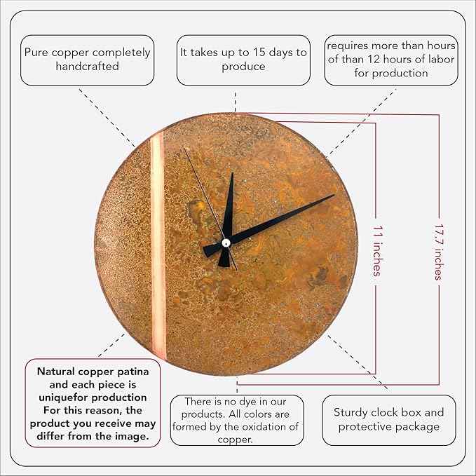 Handmade Copper Wall Clock Artisan Touch in Every Piece - Tree of Time Wall Decor Copper Clock for Living Room, Office, Kitchen & Bedroom (Rusty Line, 17.7)