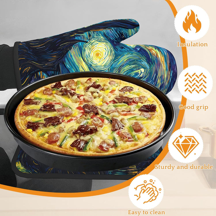 Starry Night Moon Oven Mitts and Pot Holders Set,Village Kitchen Oven Gloves and Pot Holder with Heat Resistant Non Slip for Cooking Baking Grilling(4 Piece Set)