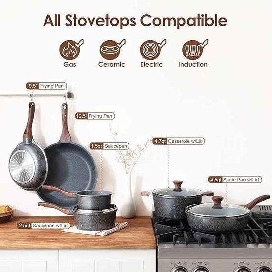 SENSARTE Nonstick Cookware Set 16-Piece, Healthy Pots and Pans Set, Non-stick Kitchen Cooking Set with Stay-Cool Handles, Silicone Utensils and Pot Protectors, PFOA Free