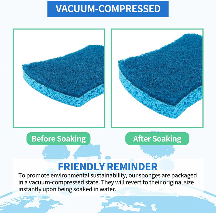 HOMERHYME Non-Scratch Cellulose Scrub Sponges 24 Pack, Kitchen Sponge with Double-Side & Ergonomic Design. Sturdy Sponge for Dishes, Coated Cookware, Sink, Countertops.