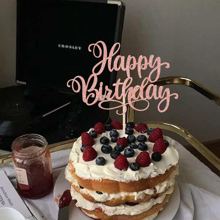 1 PCS Happy Birthday Cake Topper Glitter Happy Birthday Cake Pick for Celebrating Happy Birthday Anniversary Party Cake Decorations Supplies Rose Gold