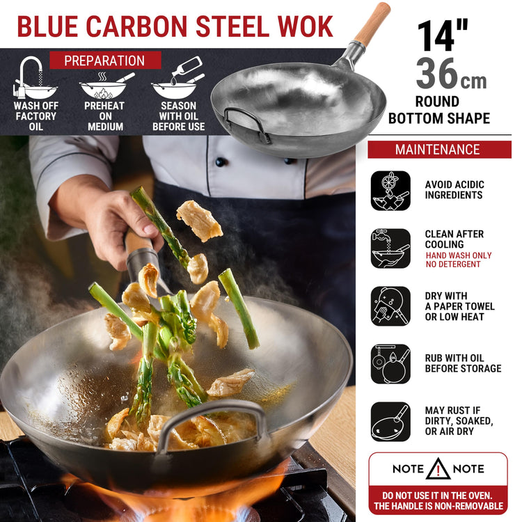 14” Silver Carbon Steel Wok with Round Bottom