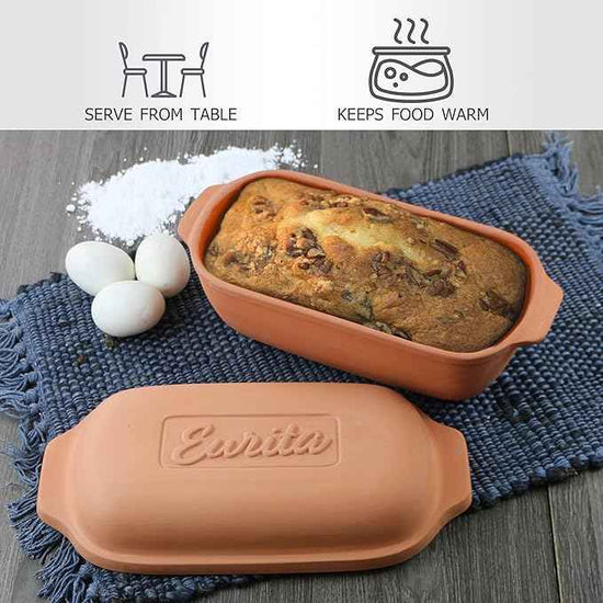 Eurita Clay Roaster, Non-Stick Bread Pan & Lid, Healthy Clay Pot Cooking, With Free Recipe Guide, 2 Quarts