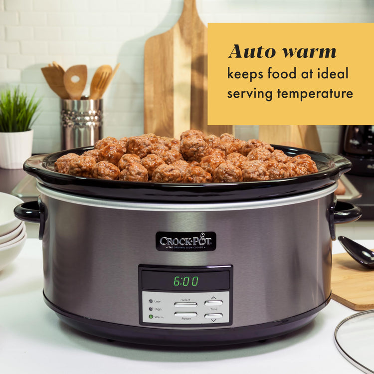 Large 8 Quart Programmable Slow Cooker with Auto Warm Setting Black Stainless Steel