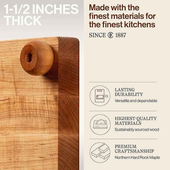 John Boos B Series Square Wooden Maple Cutting Board 12”x12” – 1.5” Thick, 6-lb Non-Reversible Butcher Block with Wood Bun Feet & Edge-Grain