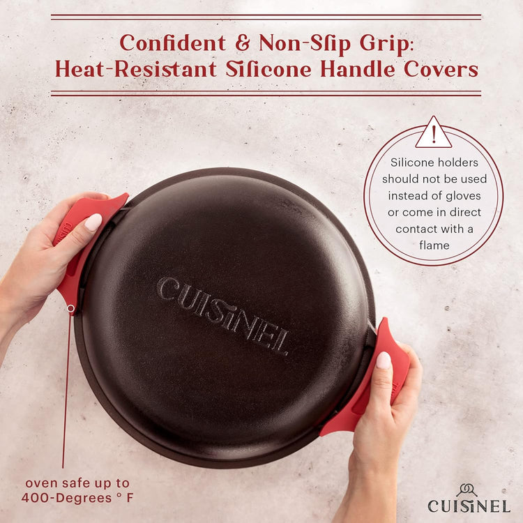 Cuisinel Cast Iron Dutch Oven 7-Quart - Pre-Seasoned 2-in-1 Deep Pot Multi-Cooker - Combo Lid Doubles as 12" Skillet Frying Pan + Silicone Handle Covers + Scraper/Cleaner - Indoor/Outdoor Cookware - Nestoria