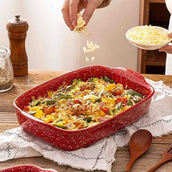 3-Pack Ceramic Lasagna Pan,Heavy-Duty Rectangular Baking Dishes, High Heat Resistant Oven-Safe Stoneware Casserole with Handles,Home Baking,Speckle Series(13.8''/12''/9.6'' Red)