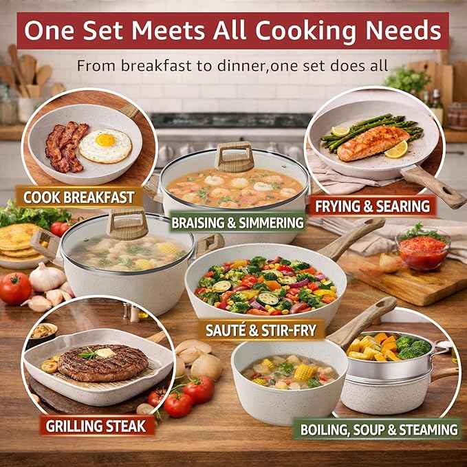 24-Piece Pots and Pans Set Non Stick, Titanium-Reinforced Ceramic Cookware Set, Long-Lasting Nonstick,Non Toxic PFAS-Free, Induction Compatible, Complete Kitchen Set for Everyday Cooking