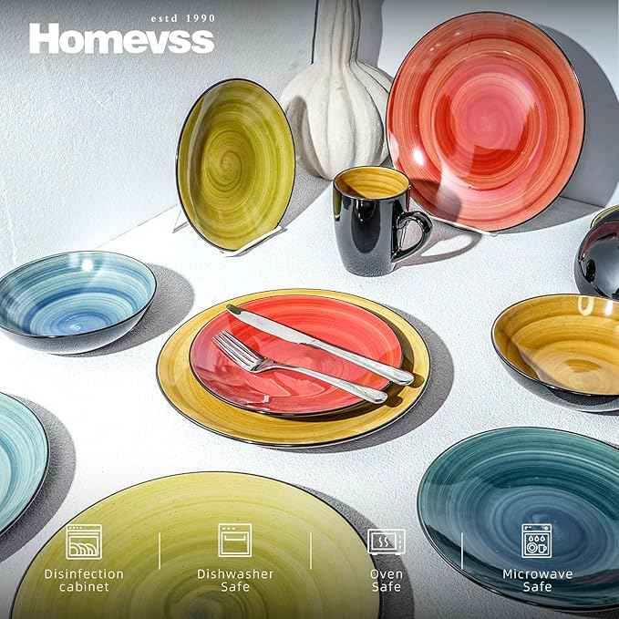 Stoneware Sonoma 16pc Dinnerware Set, Black + Speckled Spin Wash, Mix Blue, Green, Red, Yellow