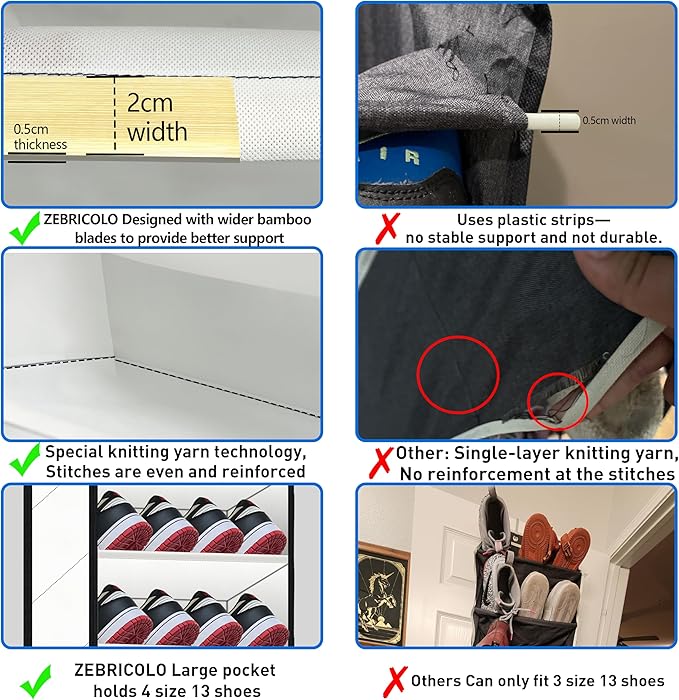 Over The Door Shoe Organizer, 70 Pounds Large Capacity, white shoe rack，20-30-Pair shoe organizer, Heavy Duty-Extra Deep Pockets ,Anti-Scratch Hooks & FSC-Certified Bamboo ,for Men’s Size 13 shoe