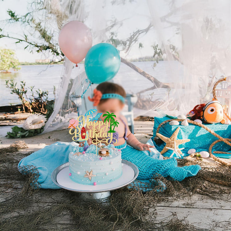 1Pcs Summer Beach Happy Birthday Cake Topper Glitter Ball Tree Umbrella Pool Cake Pick for Hawaiian Holiday Baby Shower Birthday Party Cake Decorations Supplies Gold