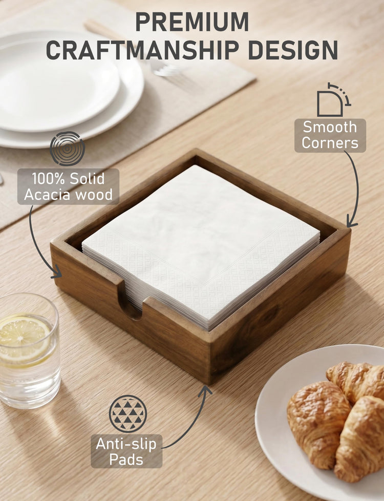 Acacia Lunch Napkin Holder 7.8 x 7.8 inches for Dining Table and Kitchen