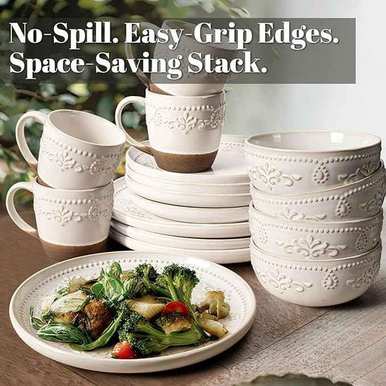 Artena Plates And Bowls Sets, 16 Pieces Dinnerware Sets, Dish Set For 4, Ceramic Kitchen Bowl And Plate Set, Embossed White Dishware Sets, Dishwasher & Microwave Safe (Damask Floral) (With Mugs)