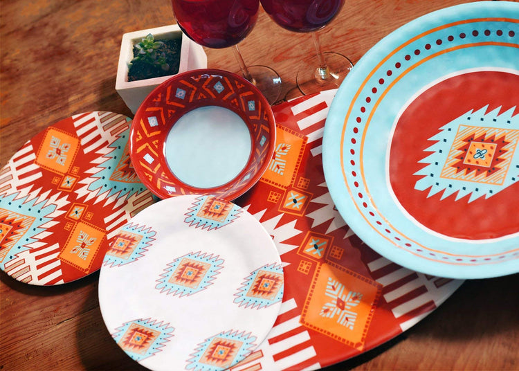 Southwest 14 Piece Melamine Plastic Dinnerware Set with Plates