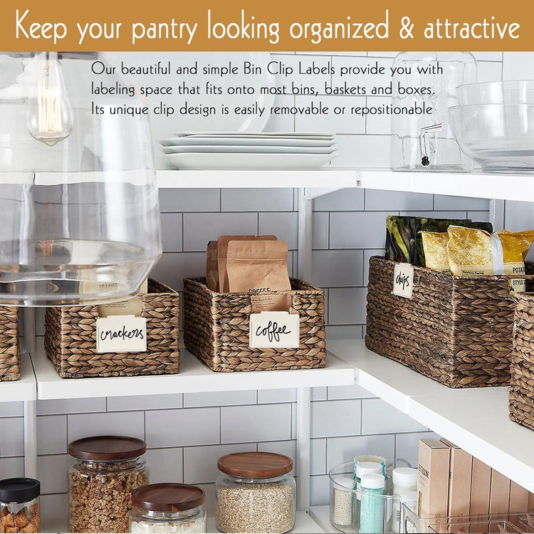 Basket Labels Clip on | Label Holders for Basket or Storage Bins Includes White Chalk Markers (18 Cream Holders + 4 Black Chalk Makers)