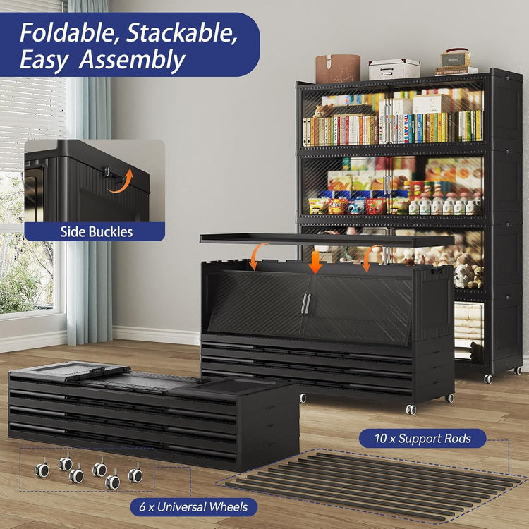 200GAL Extra Large Storage Bins with Lid, 800QT Plastic Stackable Storage Bins with 6x Wheels, Collapsible Closet Organizer and Storage Drawer Cabinet for Living Room Office Dorm, 4Pack Black