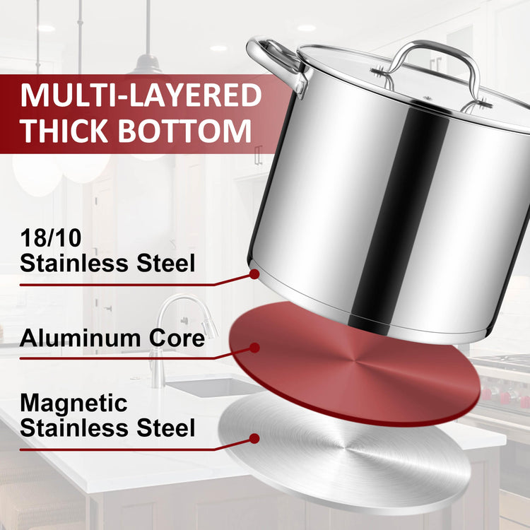 12-Quart 18/10 Stainless Steel Stock Pot with Lid, Large Heavy Duty Soup Pot Compatible with Electric, Gas, Induction and Various Cooktops, Dishwasher Safe