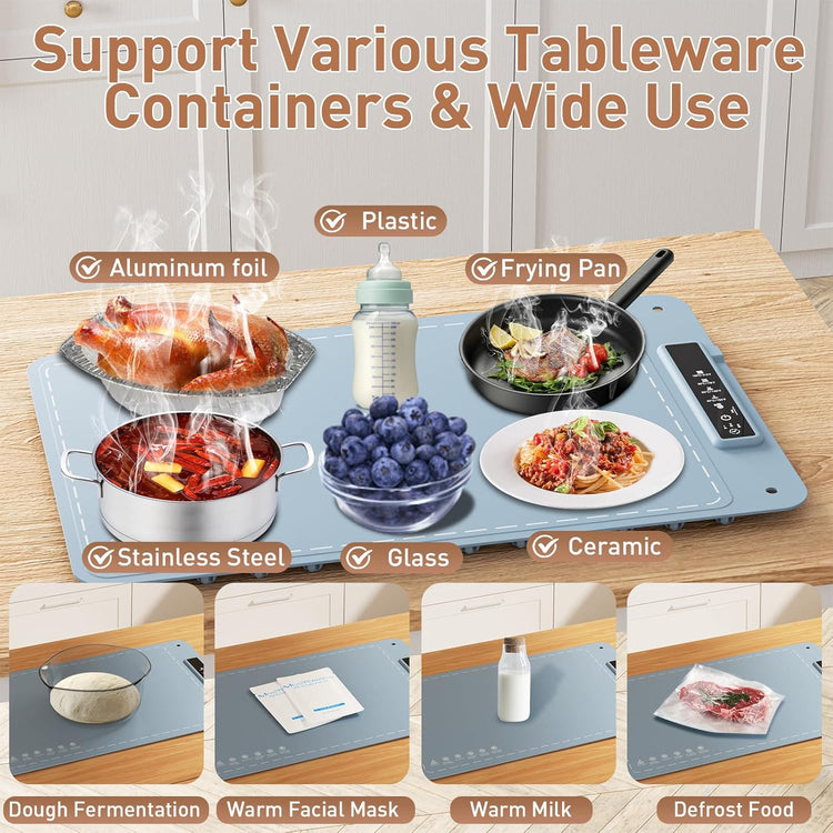 Food Warming Mat, 10S Rapid Heating Warming Mat for Food, Upgraded Heating Tech Food Warmer Mat with 4 Adjustable Temperature & Timer, Full Surface Electric Warming Trays for Buffets Parties Family