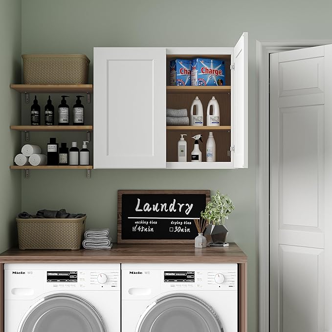 36 Inch Laundry Room Cabinets Wall Mounted, Solid Wood Over The Toilet Storage Cabinet, Bathroom Organizer Cabinets with 2 Shaker Door & Shelves, Easy to Assemble for Kitchen, Garage - White