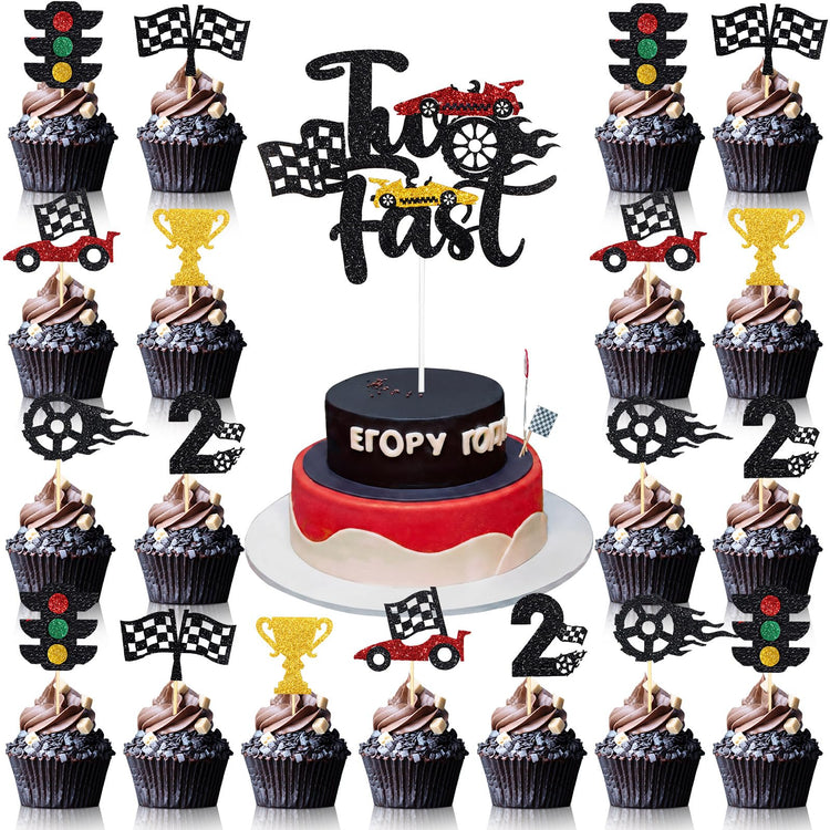 49 Pack Two Fast Cake Toppers Car Cupcake Toppers Decoration Double Sided Trophy Flag Race Car Birthday Party Supplies