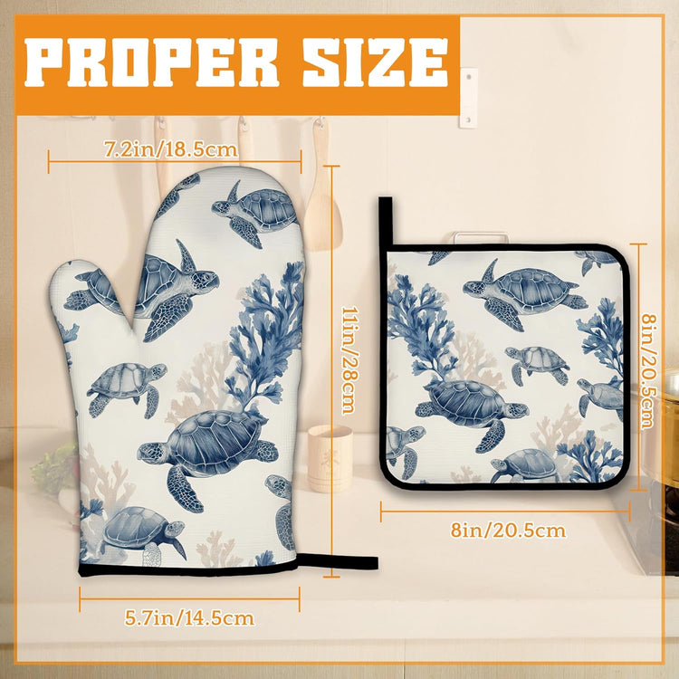 Turtle Coral Oven Mitts and Pot Holders Set,Kitchen Oven Gloves and Pot Holder with Heat Resistant Non Slip for Cooking Baking Grilling(4 Piece Set)