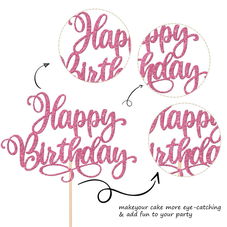 1 PCS Happy Birthday Cake Topper Glitter Happy Birthday Cake Pick for Celebrating Happy Birthday Anniversary Party Cake Decorations Supplies Pink