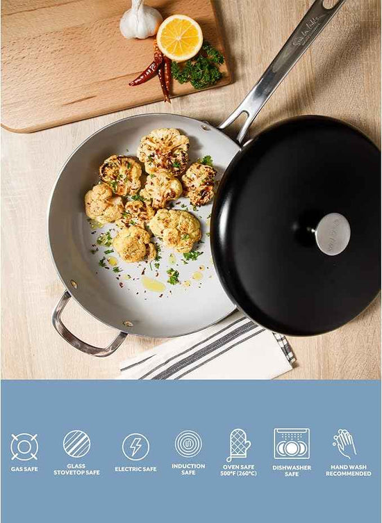 Sur La Table Kitchen Essentials Potluck Porch 4.5 Quart Sauté Pan, Deep Frying Pan Skillet w/Lid Aluminum PFA Free Ceramic Cookware Chef's Pan, Omelet Pan - Induction - Black