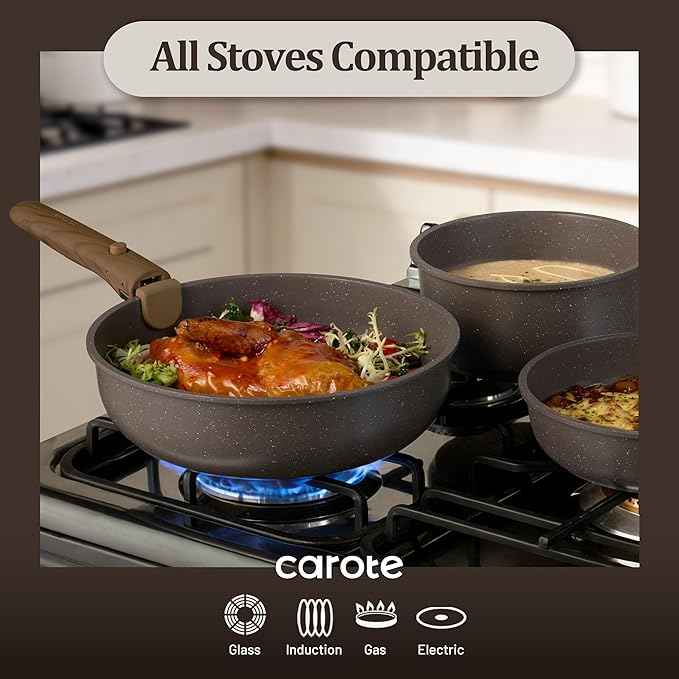 CAROTE 17PCS Pots and Pans Set Non Stick with Detachable Handle, Nonstick Cookware Sets, Cooking Kitchen Set, Oven/Dishwasher Safe, Induction Cookware, Brown, RV Kitchen Pot and Pan
