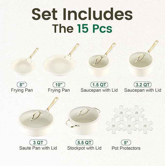 Chef Power Ceramic Cookware Sets, 15Pcs Pots and Pans Set Non Stick, Cookware Set with Stainless Steel Handle, Dishwasher & Oven Safe, Cream White and Light Gold Handle