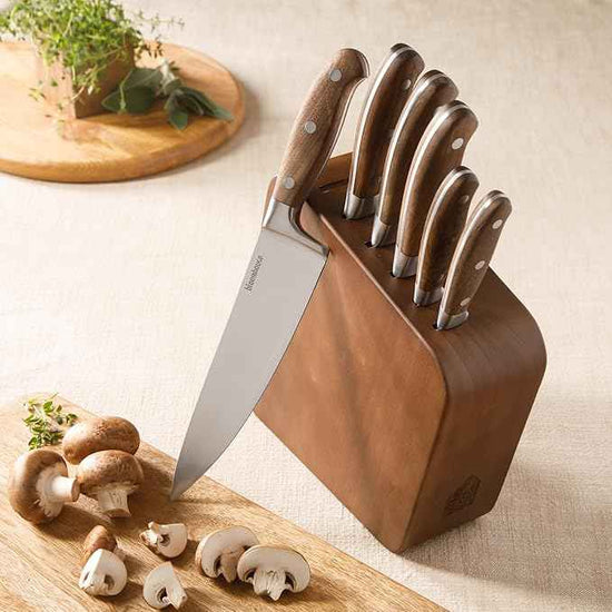 Bloomhouse 7 Piece Italian Walnut Wood Knife Block Set W/German Steel Forged Knives