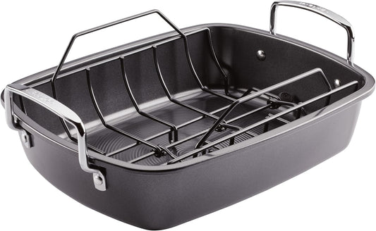 Circulon Ultra Lasting Nonstick Roaster/Roasting Pan with Easy Serve Rack, 17 Inch x 13 Inch, Black - Nestoria