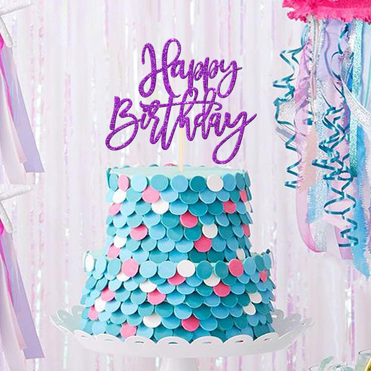 1 PCS Happy Birthday Cake Topper Glitter Happy Birthday Cake Pick for Celebrating Happy Birthday Anniversary Theme Party Cake Decorations Supplies Purple