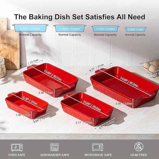 Casserole Dishes for Oven, Baking Dishes, Ceramic Bakeware Sets of 4, Rectangular Baking Pan Set with Handles for Baking, Casserole, Kitchen, Wedding Gift (Red)