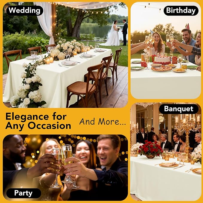 6-Pack Ivory Tablecloths for Rectangle Tables, 90 x 156 Inches, Stain-Resistant Polyester Fabric for 8 Foot Tables - Washable Table Covers for Weddings, Banquets, Birthday Parties, Events