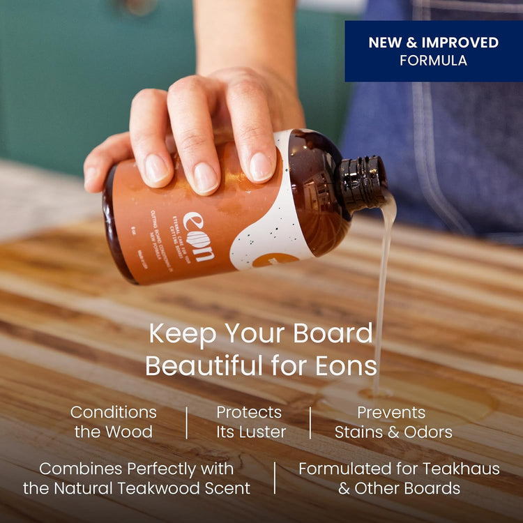 Teakhaus Carving Board and Cutting Board Oil Set - Includes Medium (M) Wood Cutting Board with Juice Groove and EON Food Grade Mineral Oil - Knife-Friendly - FSC Certified