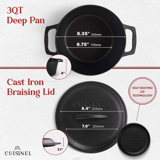 Cuisinel Cast Iron Dutch Oven - 3-Quart Deep Pot + Lid + Pan Scraper + Handle Covers - Large Pre-Seasoned Cooker for Baking Bread, Soup, Frying - Indoor/Outdoor Kitchen, Camping, Fire, BBQ Cookware - Nestoria