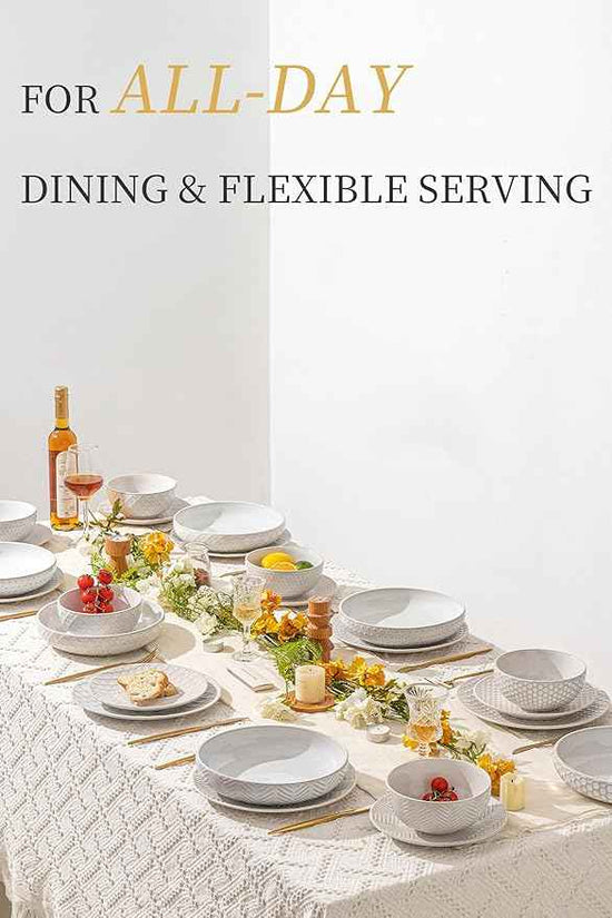 24-Piece Ceramic Dinnerware Set,Large Plates and Bowls Set for 6,Elegant Dish Set for Families & Entertaining–Microwave & Dishwasher Safe Tableware (Double Bowl)