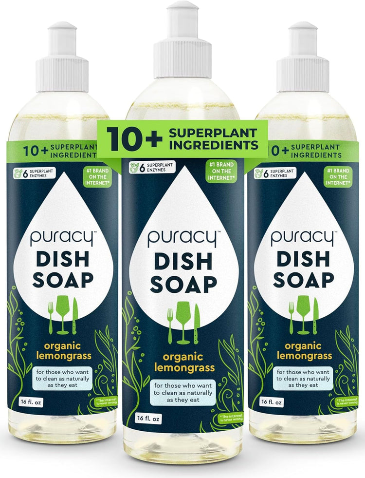 Puracy Natural Dish Soap Packs - Skin-Softening Plant-Based Dishwashing Soap, Non-Toxic Dish Soap, Organic Liquid Dishwashing Detergent Soap (Organic Lemongrass, 16 fl oz, 3 Pack)