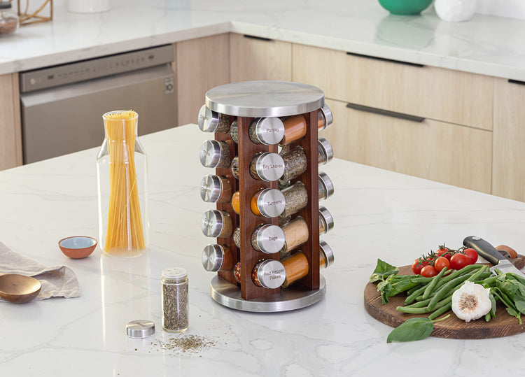 20 Jar Rotating Dark Acacia Wood Spice Rack with Spices Included & 5