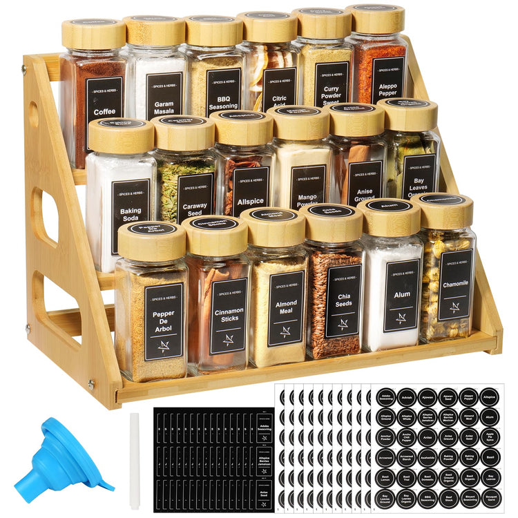 3 Tier Bamboo Spice Rack Organizer with 18 Empty 4 oz Glass Spice Jars