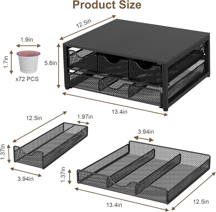 Coffee Pod Holder For Counter, 3 Pull-Out 72 K-Cup Holder Drawer, Wooden Cafe Pods Storage Organizer with Sliding Drawers for Coffee Station, Home, Kitchen, Office, Dorm, Black