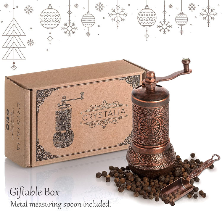 Decorative Black Pepper Grinder, Refillable Turkish Spice Mill with Adjustable Coarseness, Manual Pepper Mill with Handle, Spice Grinder Metal with Hand Crank, Copper