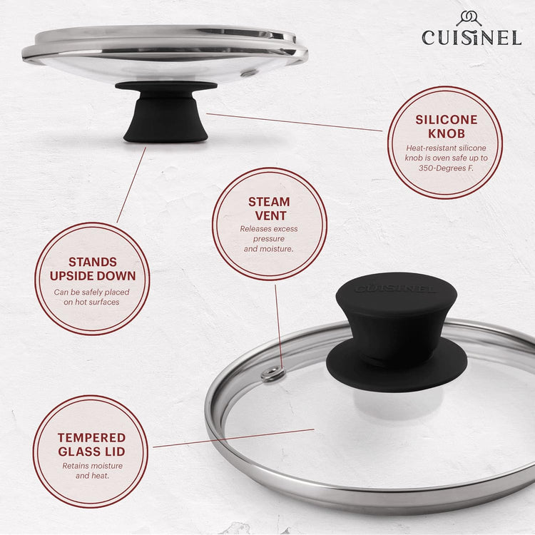 Glass Lid with Steam Vent Hole - 6"-Inch/15.24cm - Compatible with Lodge Cast Iron Skillet Pan - Fully Assembled Universal Replacement Cover - Tempered and Oven Safe - Reinforced Stainless Steel Rim